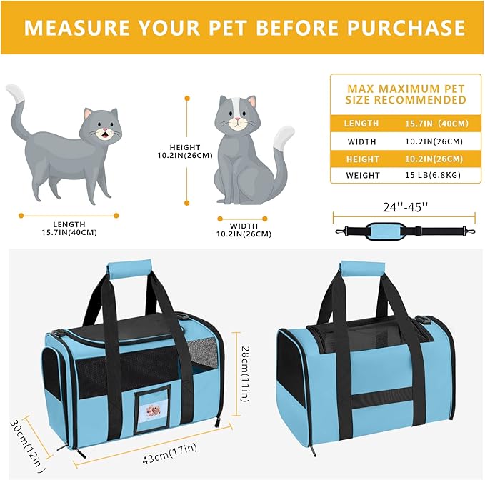 SECLATO Cat Carrier Dog Carriers Airline Approved for Small Dogs, Kitten, Carriers for Small Medium Cats Under 15lb, Collapsible Soft Sided TSA Approved Pet Travel Carrier-Blue