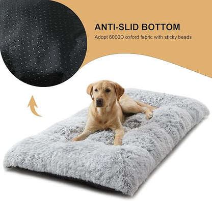 BFPETHOME Dog Beds for Large Dogs, Plush Dog Crate Bed Fluffy Cozy Kennel Pad for Sleeping &Ease Anxiety, Washable Pet Mats with Anti-Slip Bottom for Large Dogs, Grey