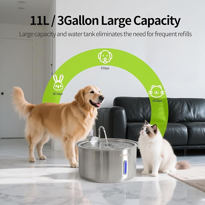 Petsamuse Dog Water Fountain, 11L/2.8Gal Quiet Dog Fountain Water Bowl with Visible Window Stainless Steel Dog Water Fountain with 2 Spray Modes and 15 Fliters for Large Medium Small Dogs Pets