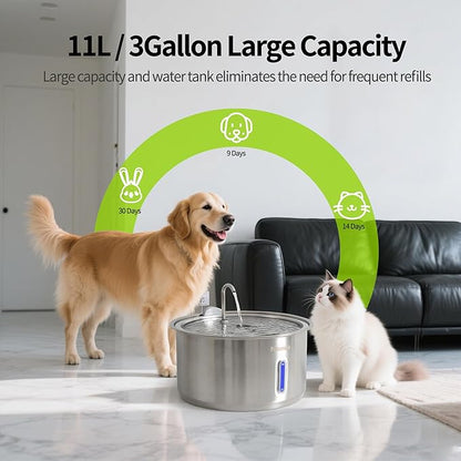 Petsamuse Dog Water Fountain, 11L/2.8Gal Quiet Dog Fountain Water Bowl with Visible Window Stainless Steel Dog Water Fountain with 2 Spray Modes and 15 Fliters for Large Medium Small Dogs Pets