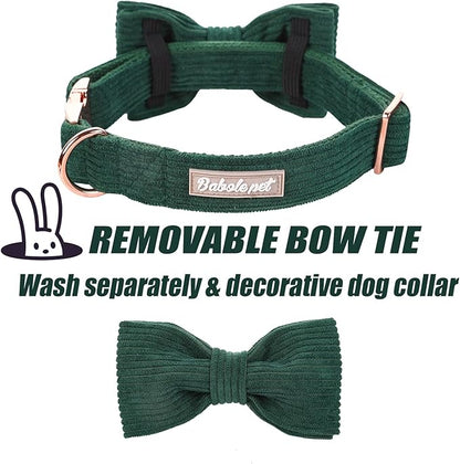 Green Dog Collars for Medium Dog,Cute Corduroy Dog Collar with Bow Tie Safety Metal Buckle Adjustable Puppy Collars for Small Medium Large Boy&Girl Dogs,M-Neck 13.5"-22"