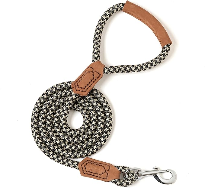 Mile High Life | Premium Leather Handle Dog Leash | Strong Rope Leash | Zinc Alloy Strong Clasp | Small Medium Large Dogs | 4/5/6 Feet(Black Khaki, 60 Inch (Pack of 1))