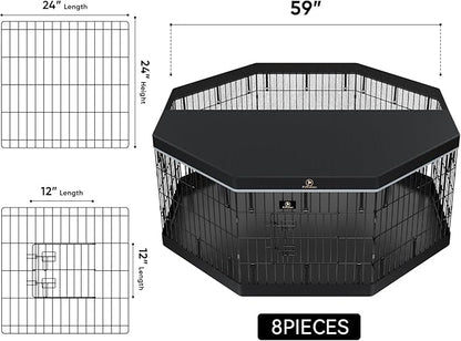 PJYuCien Dog Playpen - Metal Foldable Dog Exercise Pen, Pet Fence Puppy Crate Kennel Indoor Outdoor with 8 Panels 24”H & Top Cover and Bottom Pad for Small Medium Pets