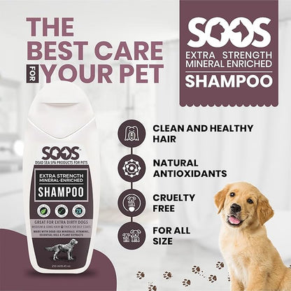 Soos Pets Shampoo Extra Strength for Cat and Dog Shampoo Natural Dead Sea Mineral Enriched Fast Absorbing with Vitamins Essential Oils Natural Ingredients Antib-acterial - 1x 250ml