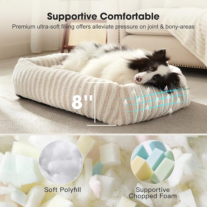 MIXJOY Dog Bed Large Size, Washable Large Dog Beds with Removable Cover, Rectangle Pet Beds for Big Dogs, Soft Warming Calming Pet Bed with Non-Slip Bottom, 36"x27"x8", White