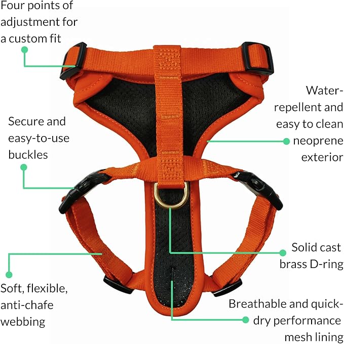 DJANGO Adventure Dog Harness - Stylish, & Durable Large Dog Harness for Outdoor Adventures and Everyday Wear - Sunset Orange Neoprene Adjustable Harness for Dogs with Reflective Piping & Brass D-Ring
