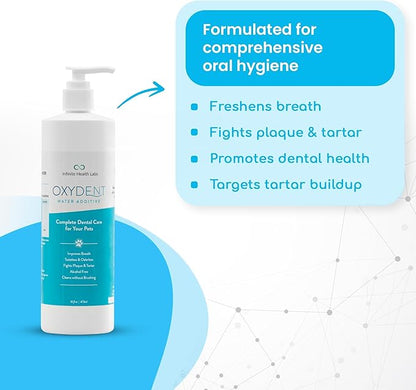 Infinite Health Labs Oxydent Premium Pet Dental Care Solution - Pet Water Additive & Mouthwash for Teeth Cleaning - Eliminate Bad Dog & Cat Bad Breath - Dog Dental Rinse - Fights Tartar & Plaque
