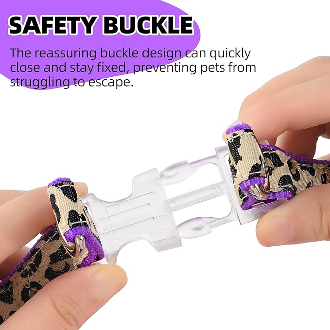 Mile High Life Leopard Dog Harness Collar Leash Set, Adjustable No Pull Dog Halter Harness for Small Breed Dogs, Easy Control for Training Walking (Purple, S Chest 11"-18", Neck 10"-14")