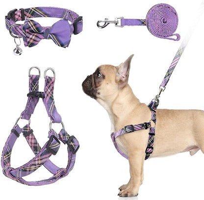 BINGPET Dog Harness Collar Leash Set,Adjustable No Pull Escape Proof Small Dog Harness,Classic Plaid Puppy Harness and Leash Set for Small Medium Large Dogs Training Easy Walk Running(Purple,S)