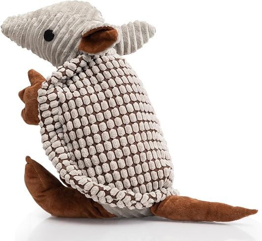 Hollypet Plush Dog Squeaky Toy Stuffed Armadillo Animal Pet Puppy Chew Toys with Clean Teeth for Small Medium Large All Breed Sizes Dogs, Gray, 10 in