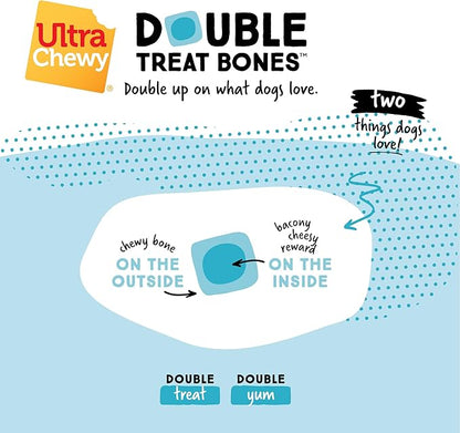 Ultra Chewy Double Treat Bones: Long-Lasting Dog Treats Made in USA for Large and Small Breeds, Highly Digestible, Ideal for Aggressive Chewers (Bacon & Cheese, 24 Count)