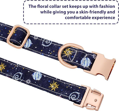 Dog Collar and Leash Set Adjustable Girls Puppy Floral Collars with Bow Tie for Small Medium Large Dogs(XS, Blue Planet)
