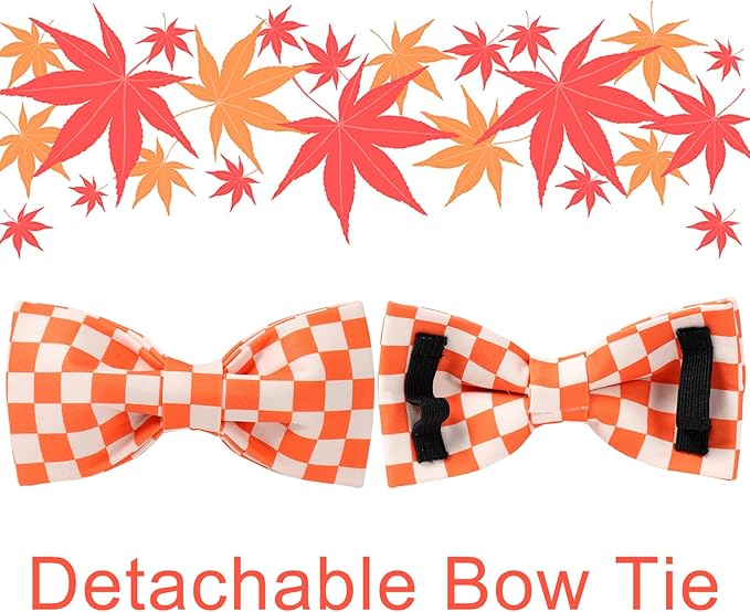 Fall Dog Collar with Bow Tie, Orange Plaid Bowtie Dog Collar, Autumn Bowtie Collars for Puppy Boy Girl Dogs, Comfortable Cotton Dogs Collars with Metal Buckle