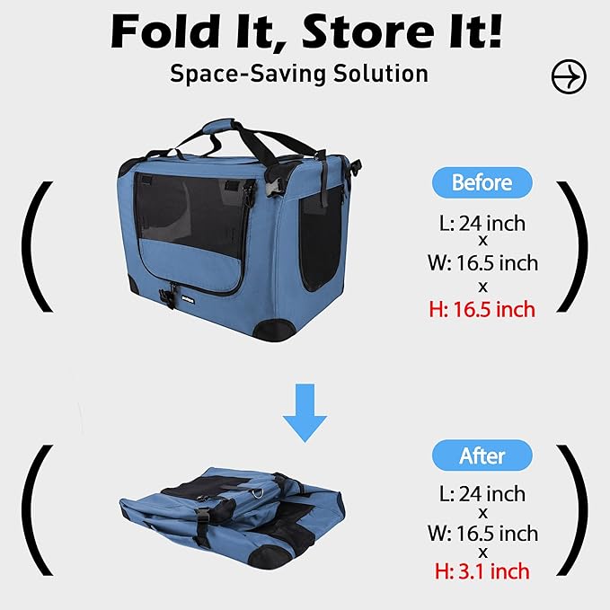 Prutapet Large Cat Carrier 24"x16.5"x16.5" Portable Dog Crate for Small Medium Dogs Collapsible Traveling Pet Crate with Collapsible Bowl