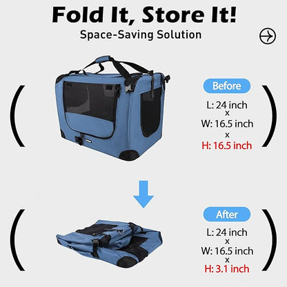 Prutapet Large Cat Carrier 24"x16.5"x16.5" Portable Dog Crate for Small Medium Dogs Collapsible Traveling Pet Crate with Collapsible Bowl