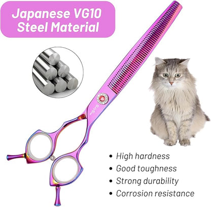 7.5in 25 Degree Curved Scissors for Dog Grooming Chunkers, Professional Dog Grooming Scissors Blender, VG10 Steel Sharp Blades, 56 Teeth High-end Pet Thinning Shears for Dogs Cats, 25% Thinning Rate