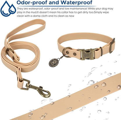 Wisedog Dog Collar and Leash Set, Waterproof Adjustable Puppy Collars with Cute Tag 4FT Dog Leash with Poop Bag for Small Medium Large Dogs (XS, Sand Color)