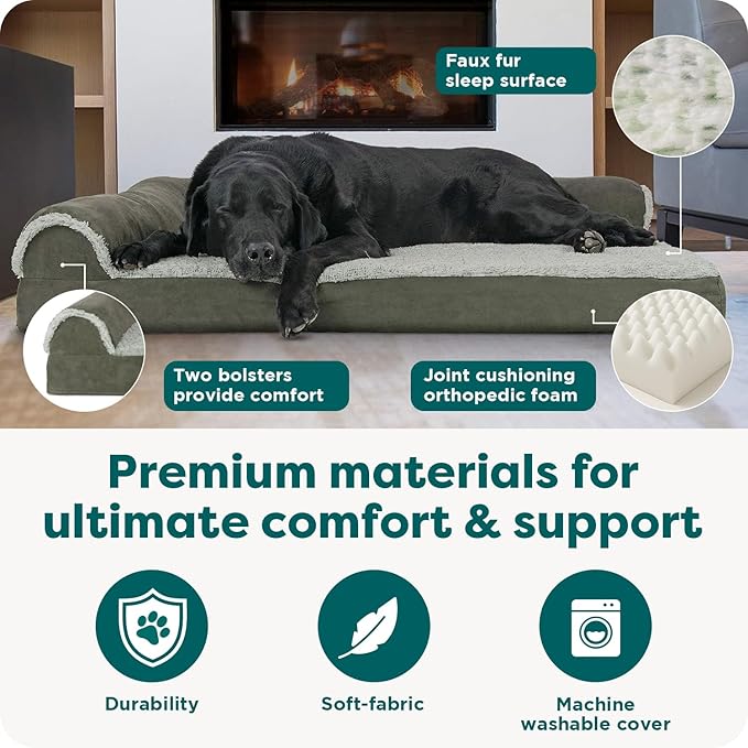 FurHaven Orthopedic Dog Bed for Large Dogs, L-Shaped Chaise Mattress with Orthopedic Egg Crate & Solid Orthopedic Foam Base for Joint Support, Washable Cover, Jumbo XL, Faux Fur & Suede, Dark Sage
