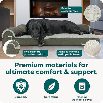 FurHaven Orthopedic Dog Bed for Large Dogs, L-Shaped Chaise Mattress with Orthopedic Egg Crate & Solid Orthopedic Foam Base for Joint Support, Washable Cover, Jumbo XL, Faux Fur & Suede, Dark Sage