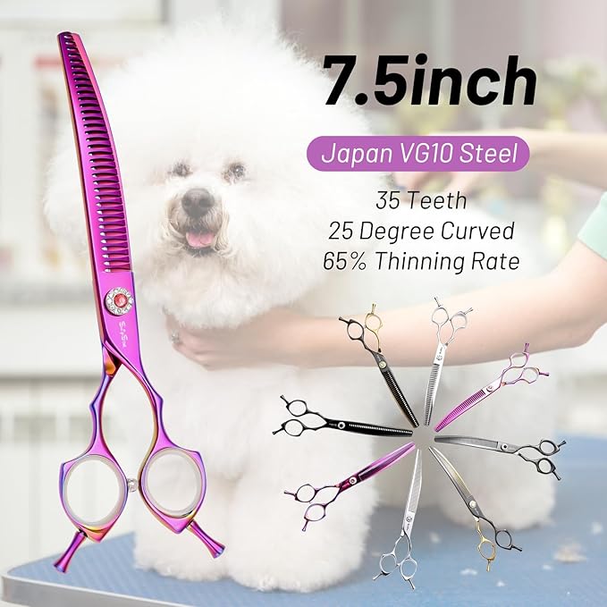 7.5in 25 Degree Curved Thinning Shears, VG10 Steel Sharp Dog Grooming Scissors Chunker, 35 Teeth Professional Pet Curved Blender, High-end Dog Trimming Scissors for Groomer or Home, 65% Thinning Rate