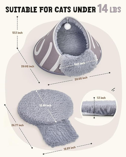 BurgeonNest 20-Inch Round Cat Bed Cave, Enclosed Hooded Pet Bed for Indoor Cats, Cozy Anti-Collapse Cave with Soft Plush, Waterproof EVA Shell, Fully Washable, Shape Retention, Grey
