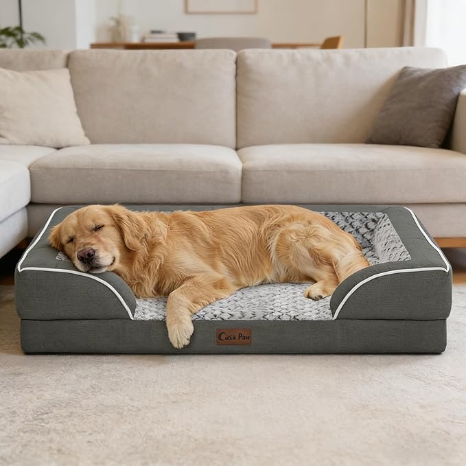 Casa Paw Orthopedic Dog Beds for Large Sized Dogs, Waterproof Memory Foam Large Pet Bed with Sides 35x22Inch, Non-Slip and Egg-Crate Foam Big Dog Couch Bed with Removable Washable Cover, Dark Grey