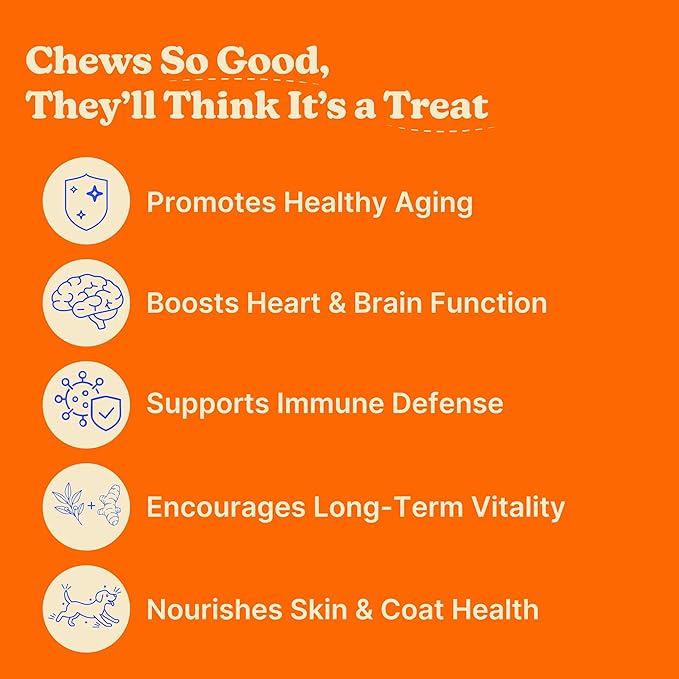 Longevity Dog Multivitamin 11-in-1 Daily Chews Chicken Flavored with Flaxseed, 60 Count, Supports Hip and Joint Health, Immune System, Skin and Coat, Heart Health, Energy and Vitality