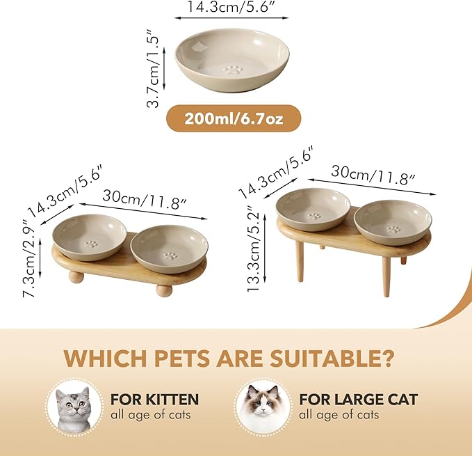 Havniva Raised Ceramic Wide Whisker Friendly Cat Dishes, Anti-Slip Food& Water Bowl with 2 Style Stand Adjustable Pet Bowl Set(2Dish+Stand, Vintage Latte)