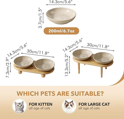 Havniva Raised Ceramic Wide Whisker Friendly Cat Dishes, Anti-Slip Food& Water Bowl with 2 Style Stand Adjustable Pet Bowl Set(2Dish+Stand, Vintage Latte)