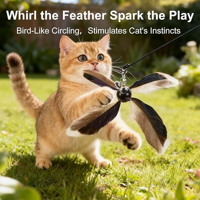 ottmat Cat Wand Toys Interactive for Indoor Cats, 4PC 4-Blade Feather Propeller Refills, 1PC Cat Wand 30'' Flexible Steel Wire Cat Teaser with Sturdy Wood Handle for Kittens & Adult Cats(Classic)