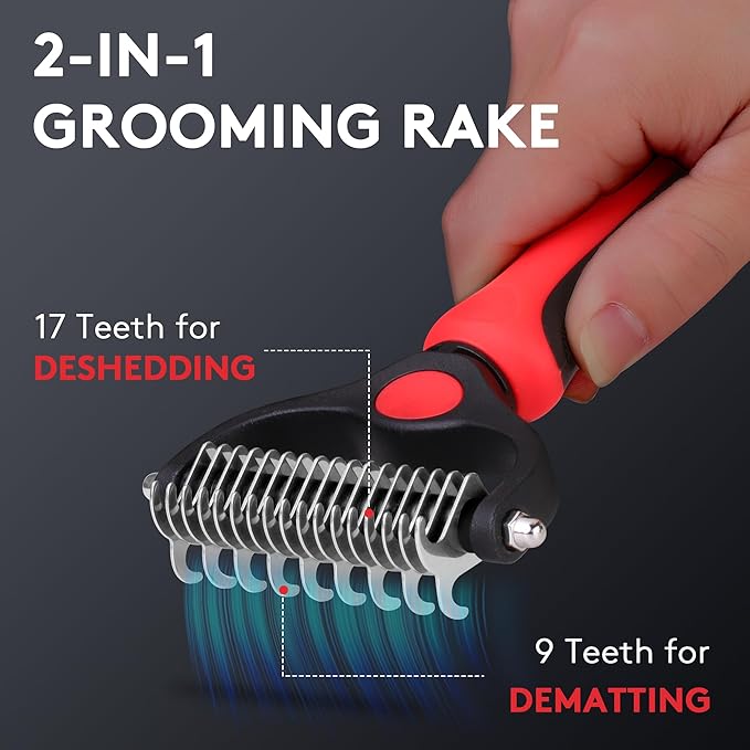 Tpotato Deshedding Dog Brush for Long Haired Dogs Cats,Undercoat Shedding Rake for Dematting Detangling Tangles Matted Fur and Knots,Metal Pet Comb,Professional Pet Grooming Supplies Tool Kit,Red