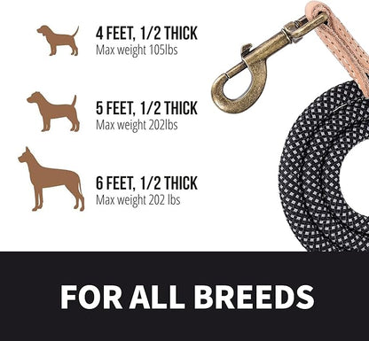 Mile High Life Dog Rope Leash 4 FT with Genuine Leather Tip, Reflective Rope Leash for Medium Large Dogs (Black, 60 Inch)