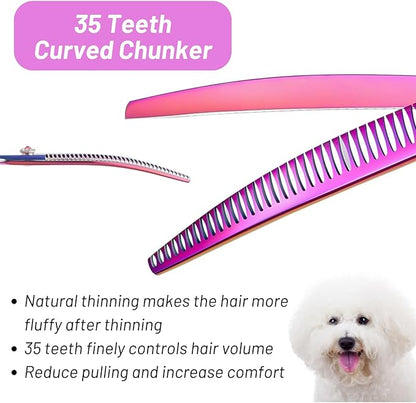 7.5in 25 Degree Curved Thinning Shears, VG10 Steel Sharp Dog Grooming Scissors Chunker, 35 Teeth Professional Pet Curved Blender, High-end Dog Trimming Scissors for Groomer or Home, 65% Thinning Rate