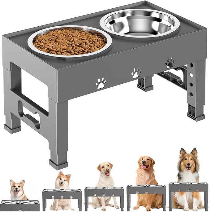 LAKIPETN Elevated Dog Bowls with 2 Stainless Steel Bowls, Raised Dog Food Bowl Stand 5 Height Adjustable (3.1", 9", 10", 11", 12") Non-Slip Feeder Set for Medium and Large Dogs - Gray