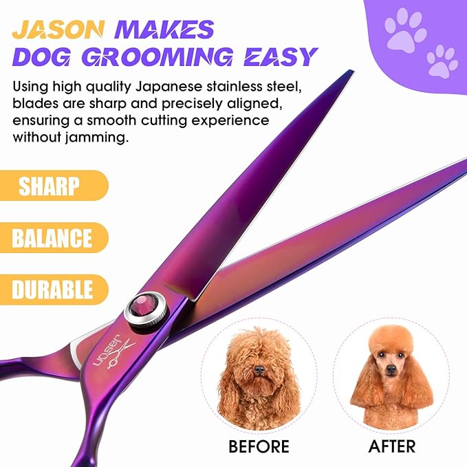 JASON Straight Scissors for Dogs - Updated 7.5" Dog Grooming Shears, Japanese 440C Stainless Steel Pet Shears, Professional Dog Cutting Scissors with Diamond Adjustable Screw Christmas Gift