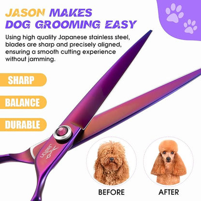 JASON Straight Scissors for Dogs - Updated 7.5" Dog Grooming Shears, Japanese 440C Stainless Steel Pet Shears, Professional Dog Cutting Scissors with Diamond Adjustable Screw Christmas Gift