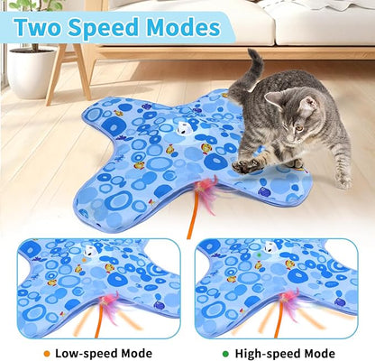 DFQ Interactive Cat Toy for Indoor Cats, Rechargeable Touch-Activated Moving Feather Wand with Concealed Motion, Play Toy for Kittens and Adult Cats (Blue)