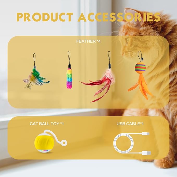 Interactive Cat Toys Ball - Electric Automatic Toys for Indoor cats, LED Lights and Toys Feather Tail with Sound Activated and Touch, USB Rechargeable, 2peeds Mode for Bored Kittens/Adult Cats/Ferret