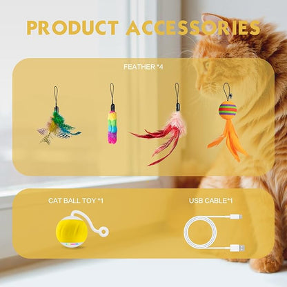 Interactive Cat Toys Ball - Electric Automatic Toys for Indoor cats, LED Lights and Toys Feather Tail with Sound Activated and Touch, USB Rechargeable, 2peeds Mode for Bored Kittens/Adult Cats/Ferret