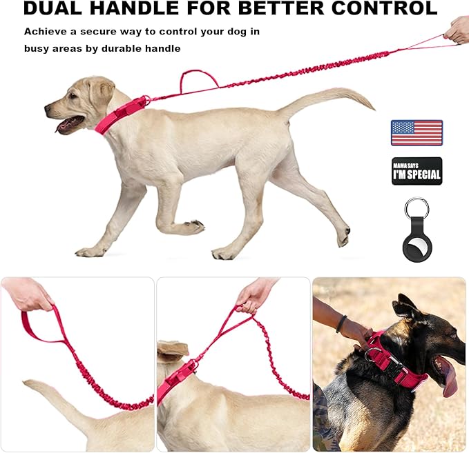 Tactical Bungee Leash & Military Dog Collar Set, USA Flag Adjustable K9 Collar with Heavy Duty Metal Buckle & Handle, Patches & Airtags Case (Pink, XL)