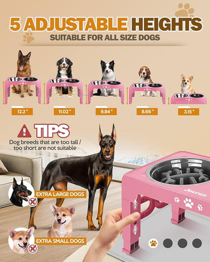 Elevated Dog Bowls, Dog Feeder with 1*Stainless Steel Dishes & 1*Slow Feeder Bowl, 5 Heights Adjustable Raised Stand for Medium Large, Food Dishes with Non-Slip Feet