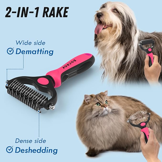 Docrok Pet Grooming Brush & Comb Combo, Cat & Dog Brush for Shedding & Dematting, Undercoat Rake for Long-haired Pets, Pink