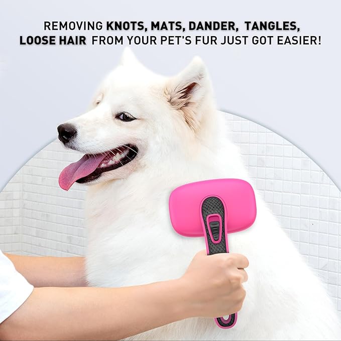 WOPQAEM Self Cleaning Slicker Brush for Dog, Cat, Skin Friendly Shedding & Grooming Tool for Long and Short Haired Pets, Easy Clean Retractable Bristles, Pink