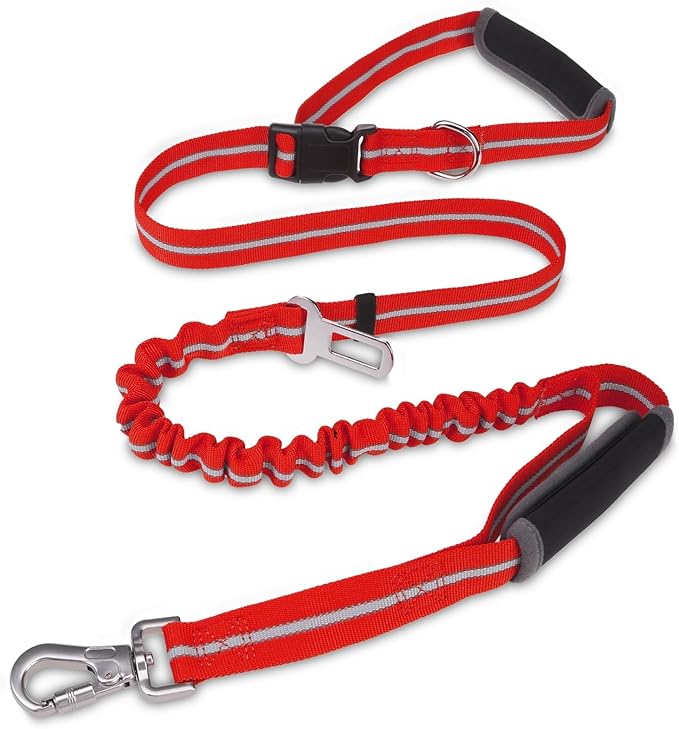 PUPTECK Heavy Duty Bungee Leash for Medium Large Dogs, No Pull Tactical Dog Leash with Double Handles for Training, Reflective with Car Seatbelt and Quick Release Buckle, Red