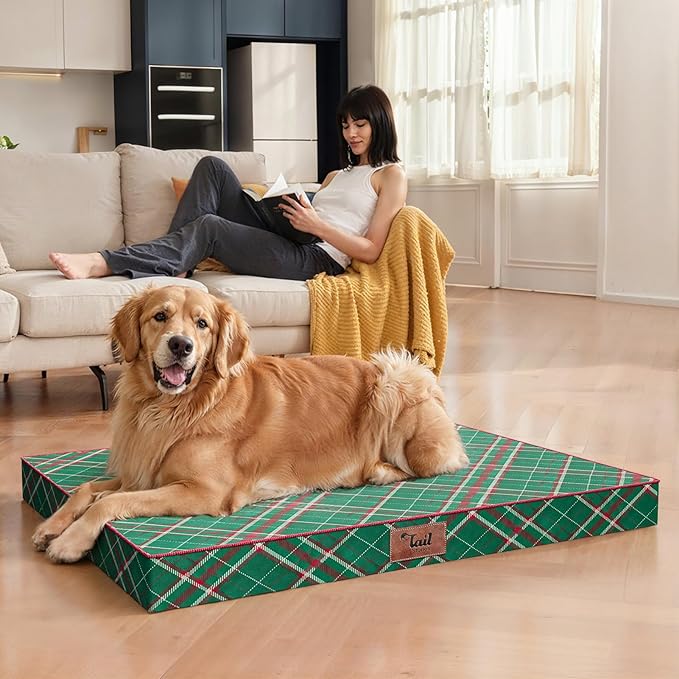 Tail Stories Christmas Orthopedic Dog Bed for Large Dogs, Big Waterproof Dog Bed Washable Pet Bed for Large Sized Dogs with Egg Crate Foam Pet Bed Mat, Removable Oxford Cooling Cover, Plaid
