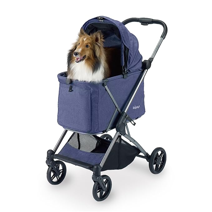 ibiyaya Maxi Deep Carriage Pet Stroller for Cats and Small Dogs – Flat-Free Rubber Wheels, One-Hand Fold, Extra-Tall Cabin (Royal Blue)