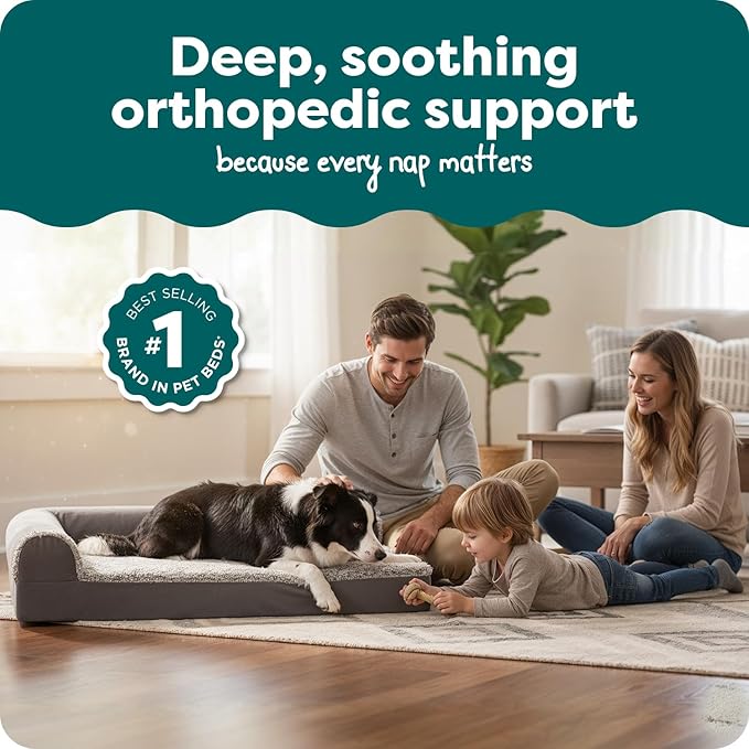 FurHaven Orthopedic Dog Bed for Large Dogs, L-Shaped Chaise Contour with Orthopedic Egg Crate & a Solid Orthopedic Foam Base for Joint Support, Washable Cover, Large, Faux Fur & Suede, Stone Gray