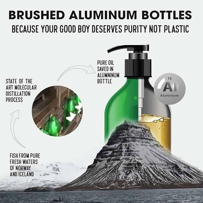 Iceland Pure Salmon Oil | Unscented Pharmaceutical Grade | 1118mg of Omega-3 per teaspoon | Liquid Food Supplement For Dogs and Cats | BPA-Free Brushed Aluminum Epoxy coated Bottle with Pump 8.75oz
