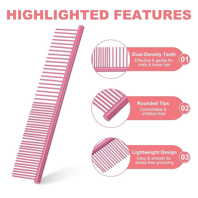 PETAXCELL Dog Cat Comb, Pet Combs Stainless Steel Teeth with Rounded Ends for Knot Mat Loose Hair Removal, 6.5IN (Pink Coated, 3 Pack), Grooming Tool Intended for Long Curly Hair Pet