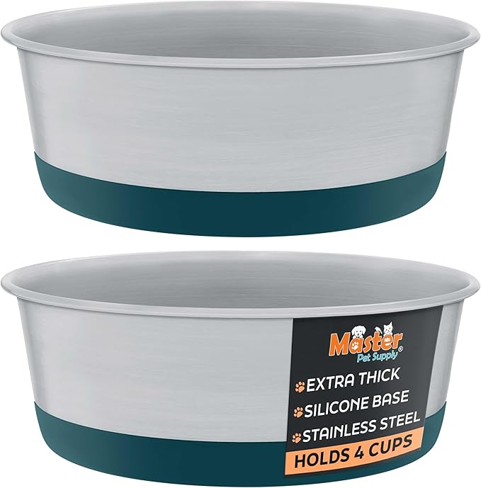 Master Pet Supply Stainless Steel Dog Bowls Set of 2 with Extra Thick Silicone Base - 4 Cup (32 oz) Emerald Sea, Non-Slip, Dishwasher Safe Metal Bowls, Pet Dog Food Bowl for Dogs, Cats, Anti Rust